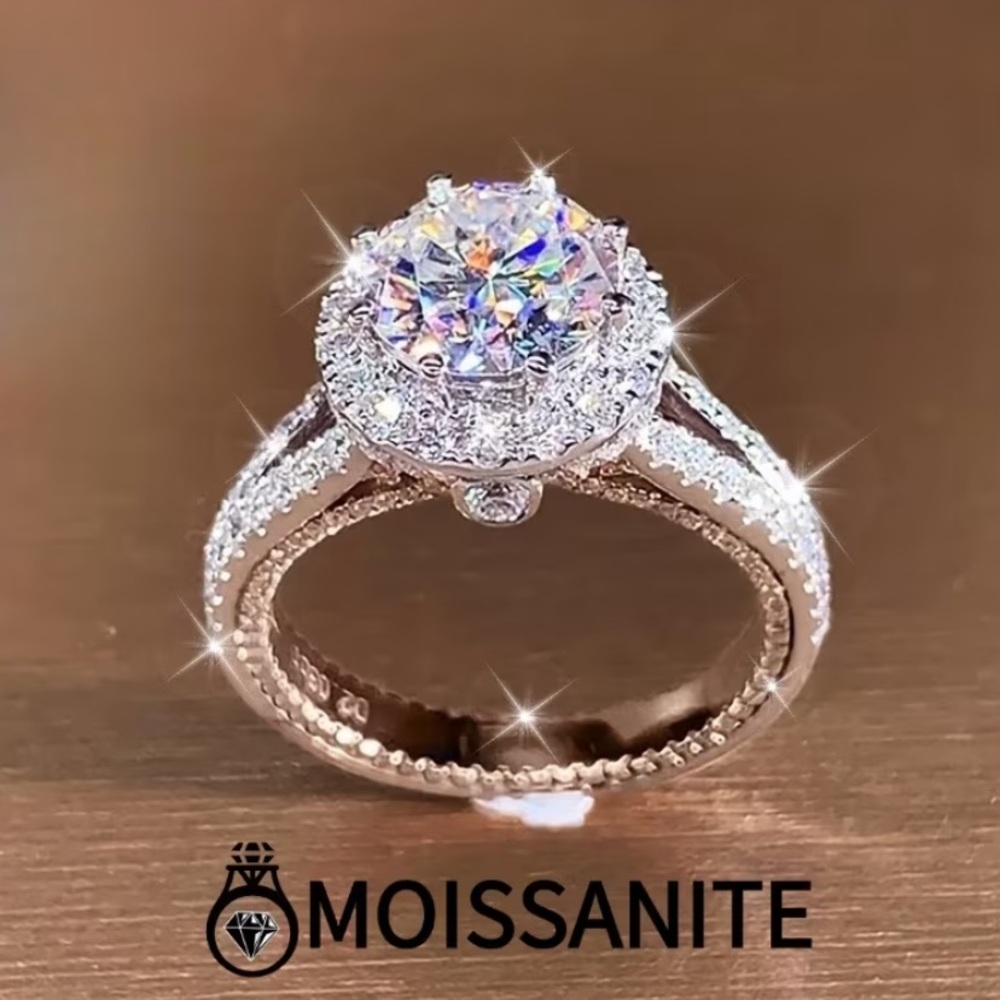 18k White Gold Plated Moissanite Halo Engagement Ring - Size 8 1/2
